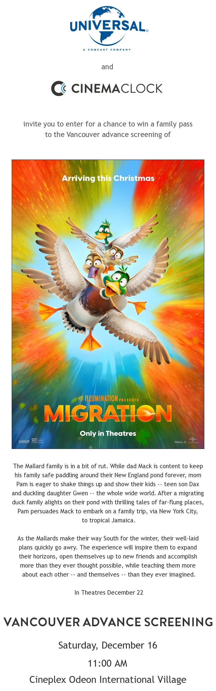 Cinema Clock Promotion The Vancouver Advance Screening Of Migration